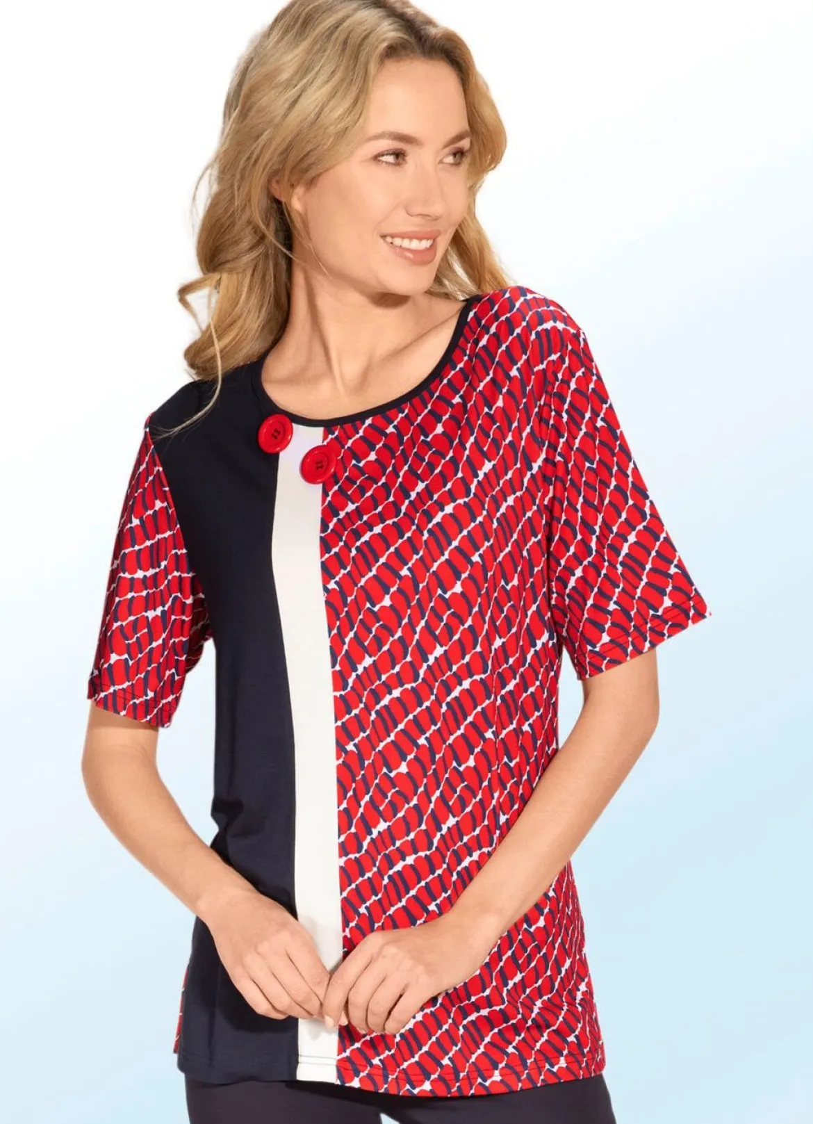 Allover gemustertes Shirt mit Zierknöpfen