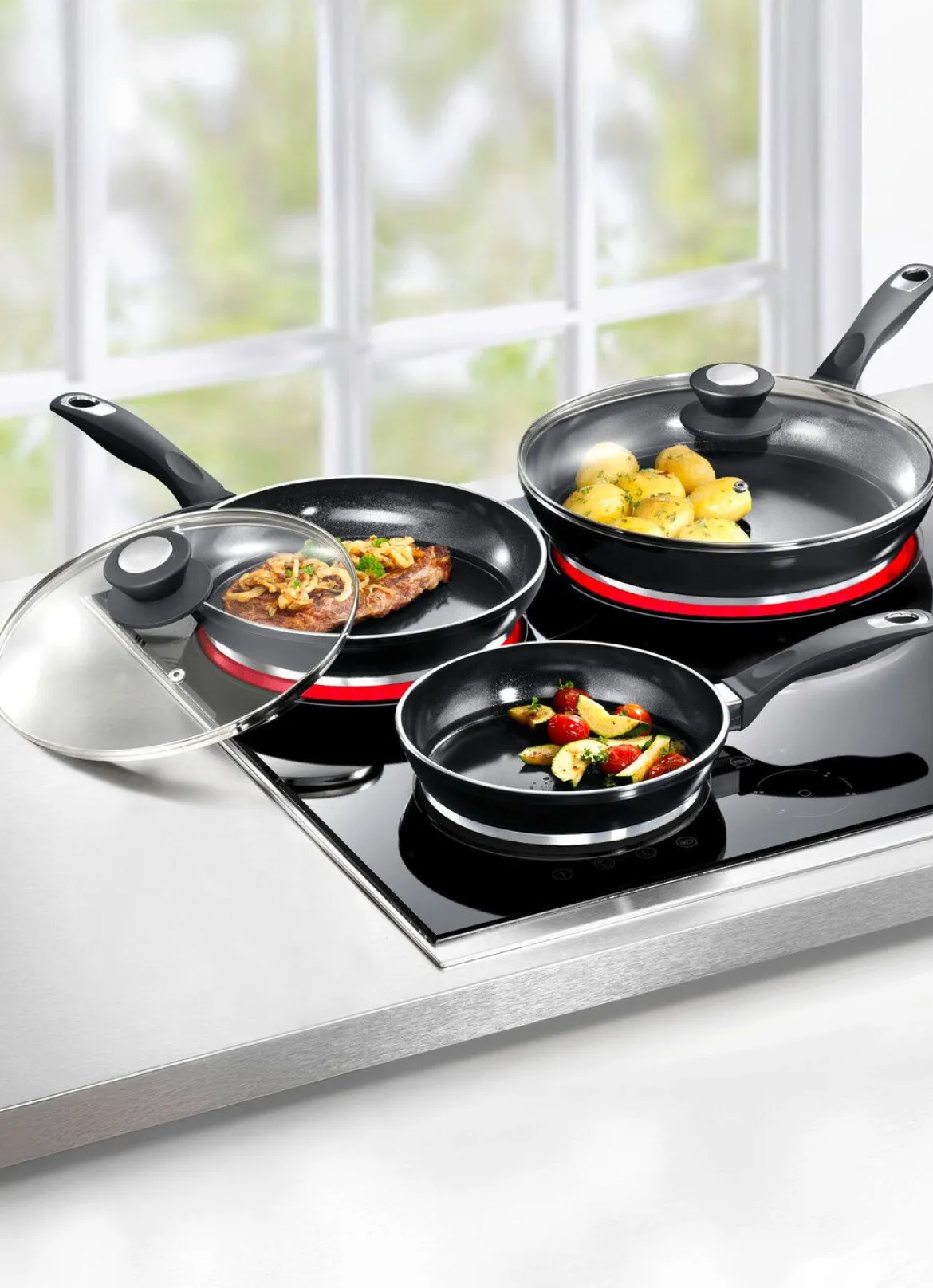 Aluguss-Profi-Pfannen-Set, 5-teilig, mit 3-facher Thermo-Keramikbeschichtung