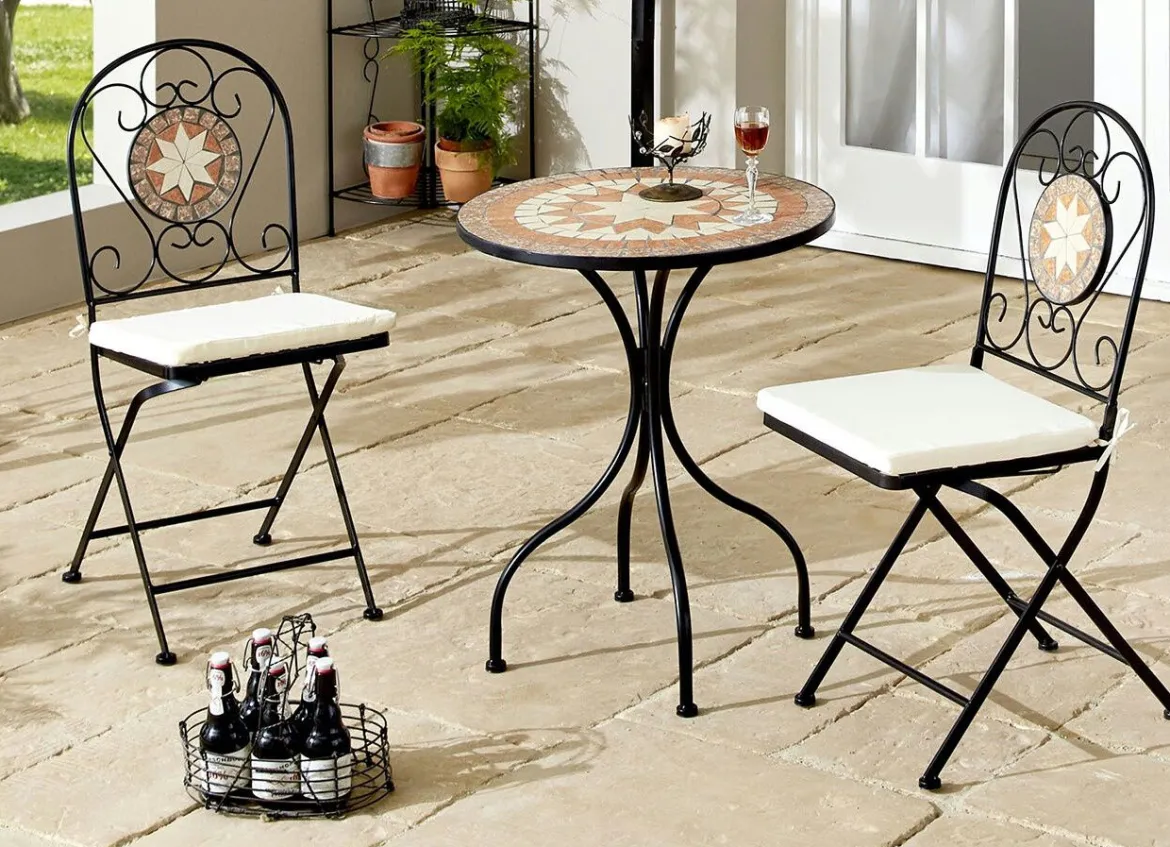Bistro-Set Mosaik, 3-teilig, inklusive Sitzkissen