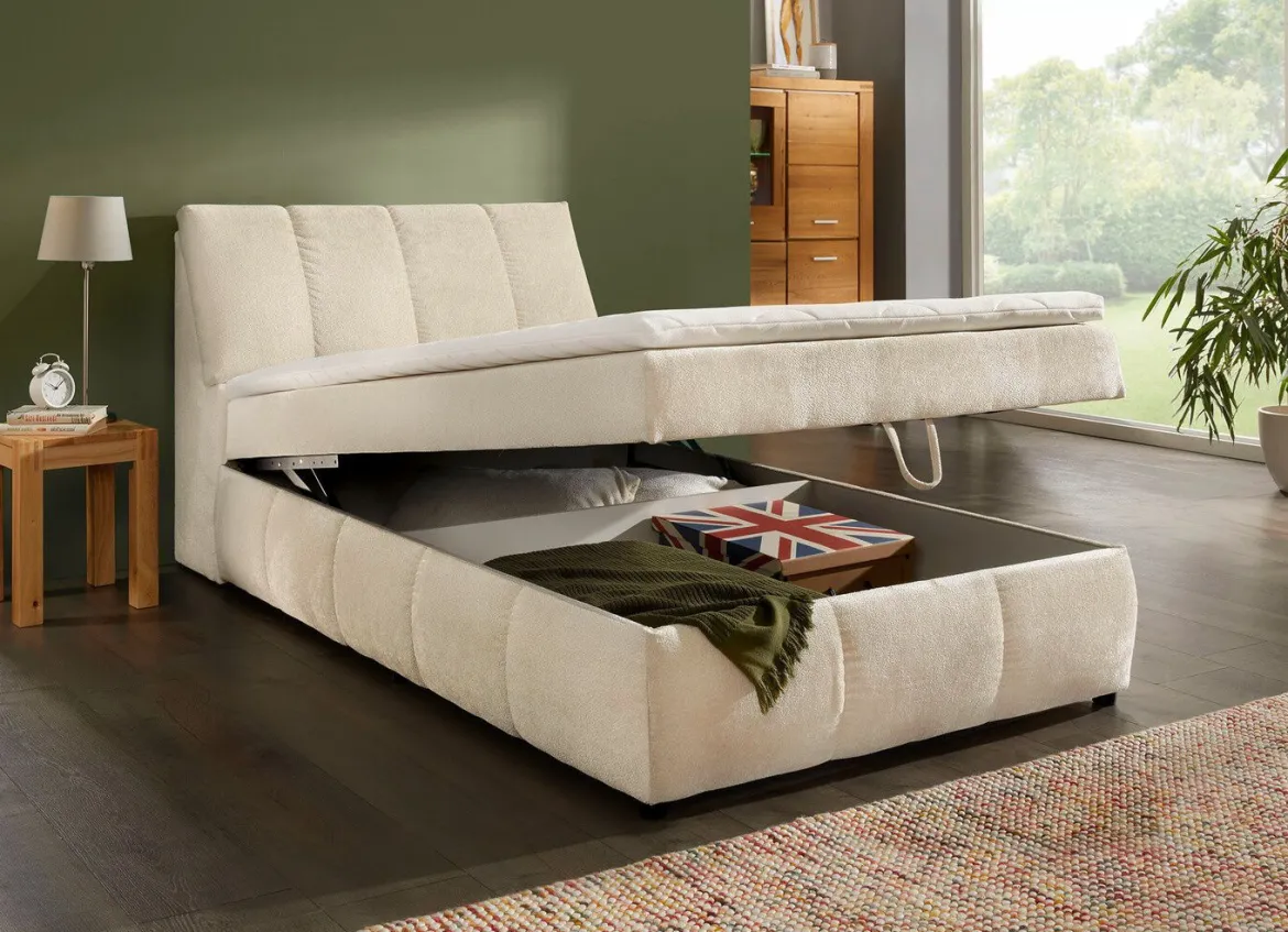 Boxspringbett mit Stauraum im Kopfteil und Bettkasten