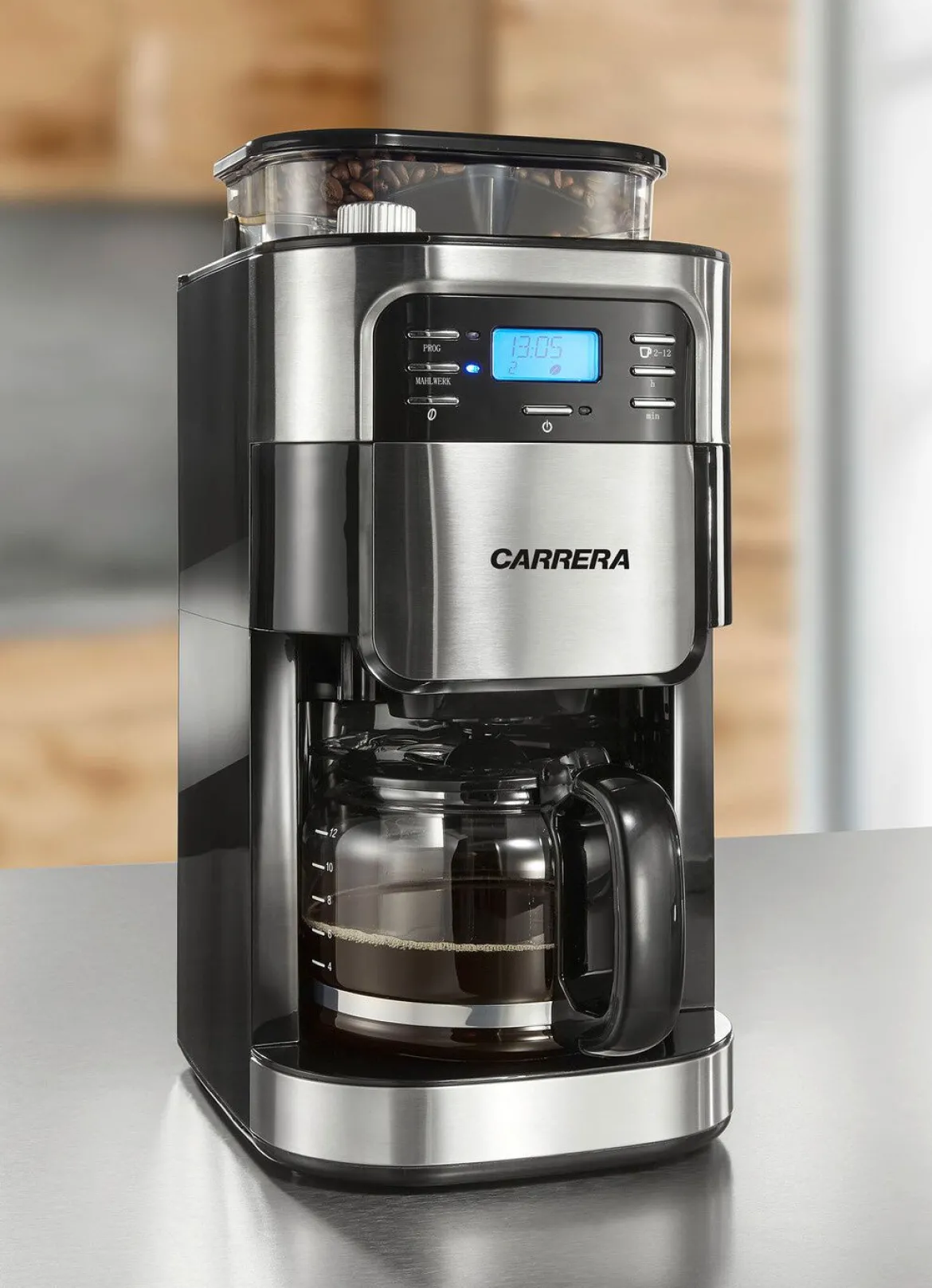 „Carrera" Aroma PlusEdelstahl-Kaffeemaschine mit Mahlwerk