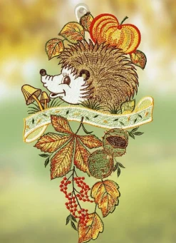 Fensterbild Herbst-Igel aus echter Plauener Spitze