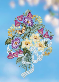 Fensterbild mit Blumenstrauß aus Plauener Spitze