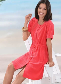 Frottier-Kleid mit durchgehender Knopfleiste