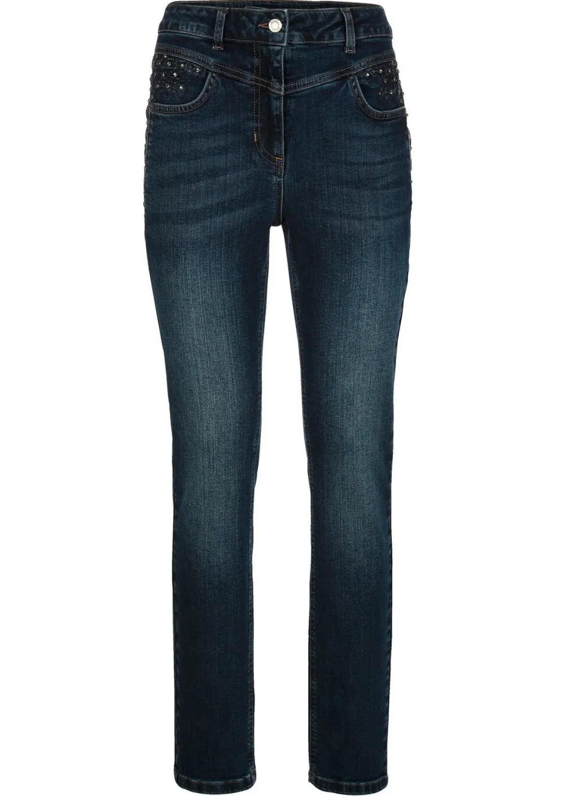 Jeans mit Glitzersteinchen und Ziernähten