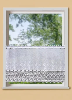 Kleinfenster-Store mit gebogtem Macramé-Abschluss
