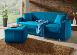 Klick-Klack-Sofa mit Hocker und Dekokissen