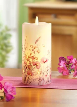 LED-Echtwachskerze mit Blumenwiesenmotiv