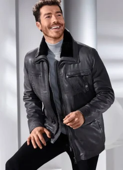 Lederjacke mit abtrennbarem Webpelzkragen