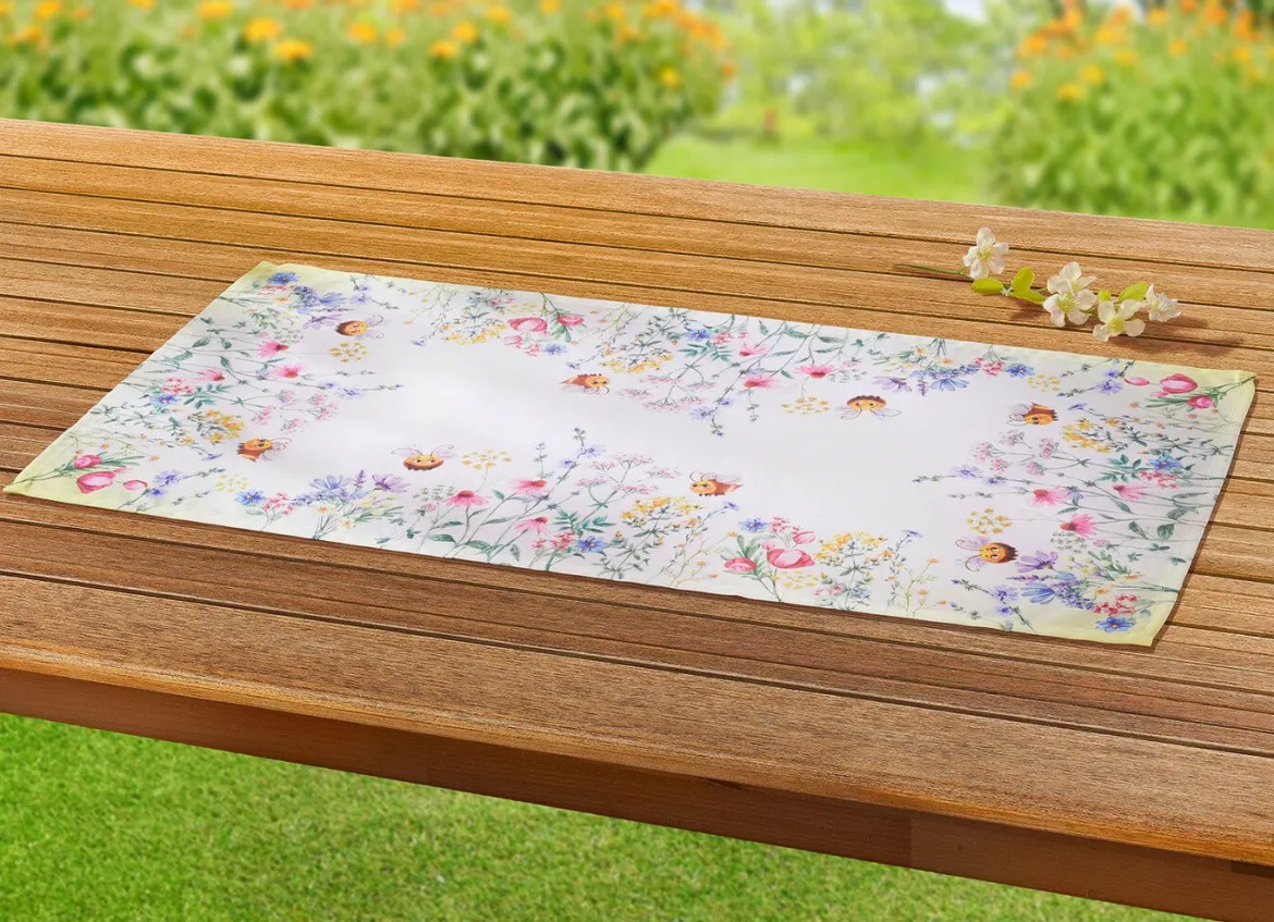 Tisch- und Raumdekoration mit farbenfrohen Bienen- und Blütenmotiven